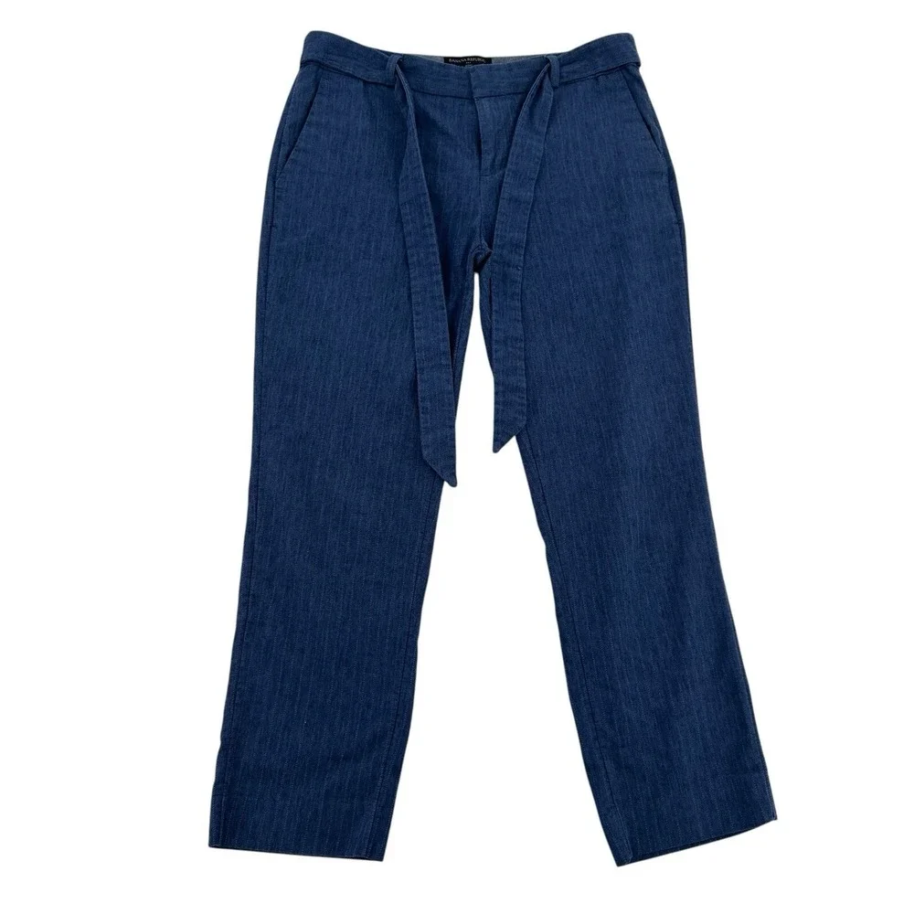 Banana Republic Size 6 Avery Tie Waist Herringbone Trousers Blue  Linen Blend